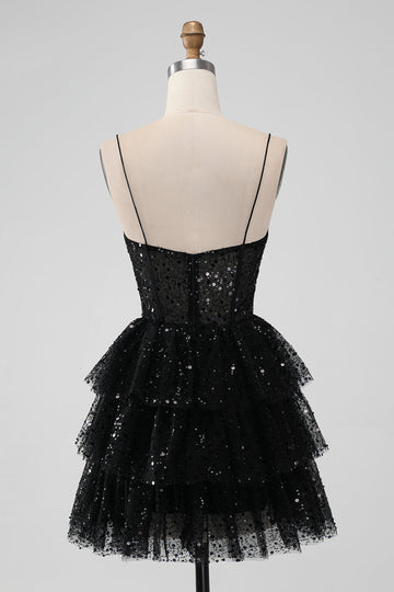 Vestido de regreso a casa escalonado con tirantes de espagueti negro brillante con lentejuelas
